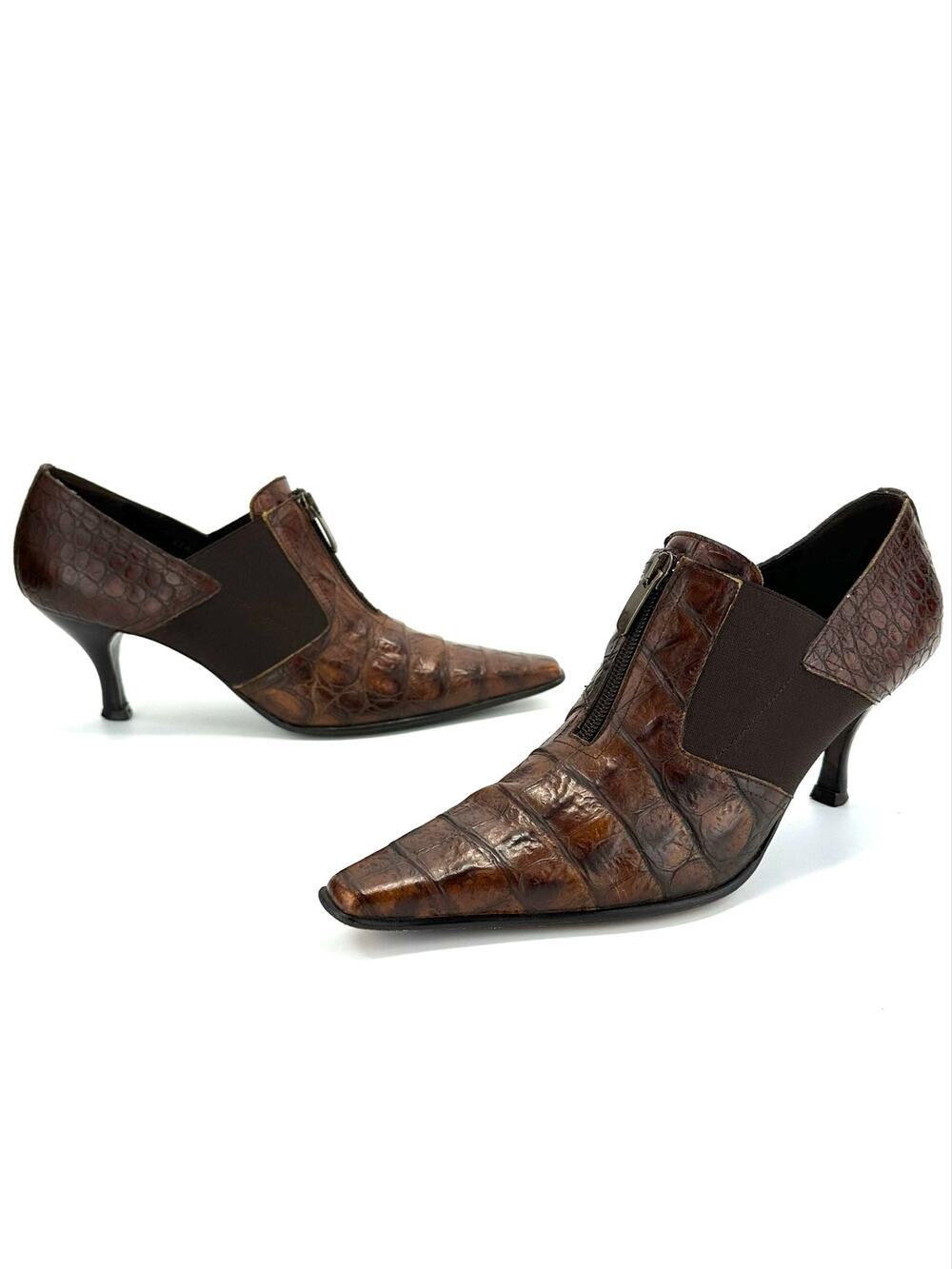 Donald J Pliner Leala Ankle Bootie/Heels Sz 8 Brown Alligator Leather Pointy Toe